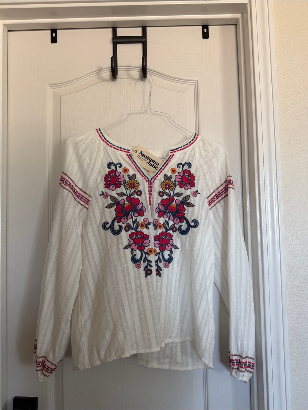 Savanna Jane White Tunic with Pink and Navy Floral Embroidery